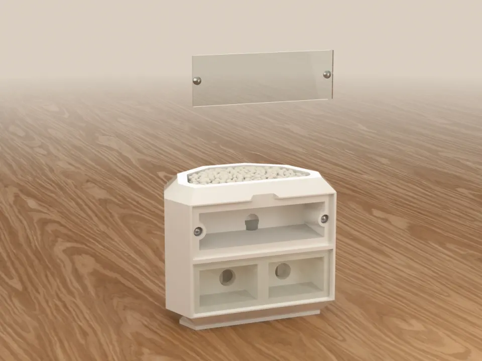 Show: The Vertical Ceramic Nest with its top window lifted off and white gravel in the planter